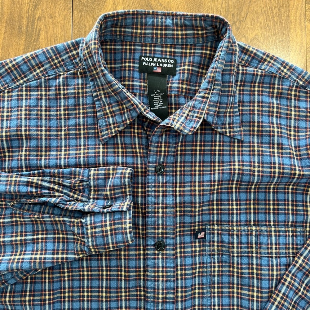 Polo Jeans Co Ralph Lauren Mens Large Blue Plaid Button Down Shirt L/G
